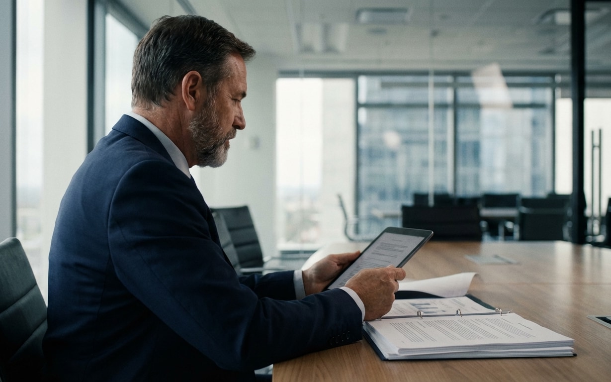 Mature businessman in a navy suit reading documents on a digital tablet in a modern office conference room.