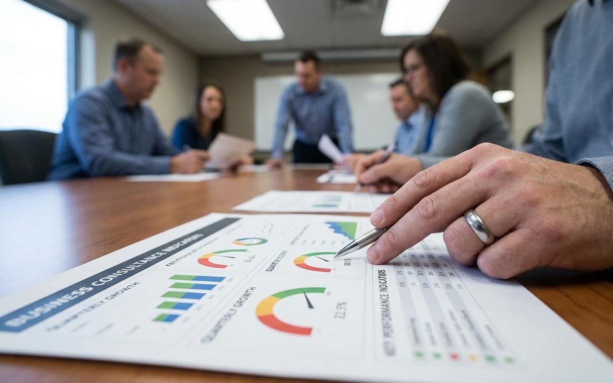 Close-up of a hand with a pen pointing at business performance charts on a table with a team discussing in the background.