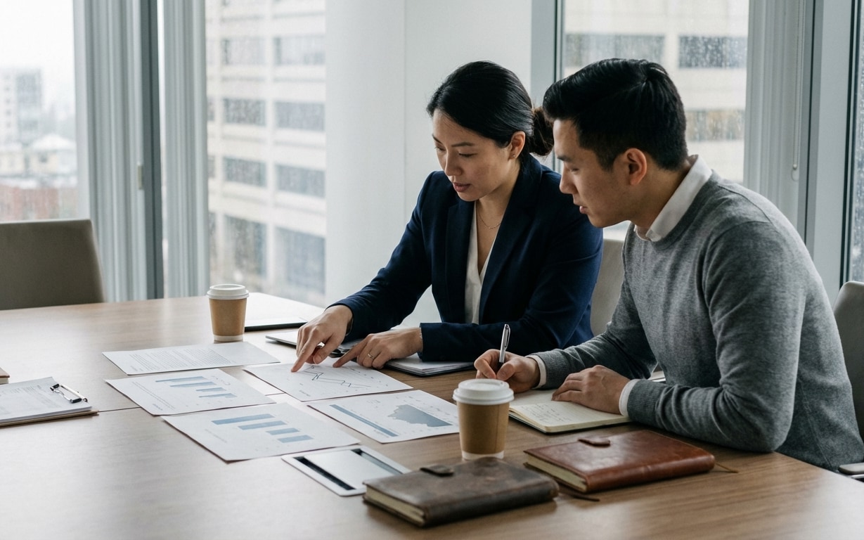 Two business professionals reviewing documents with charts and graphs at a conference table in a modern office.