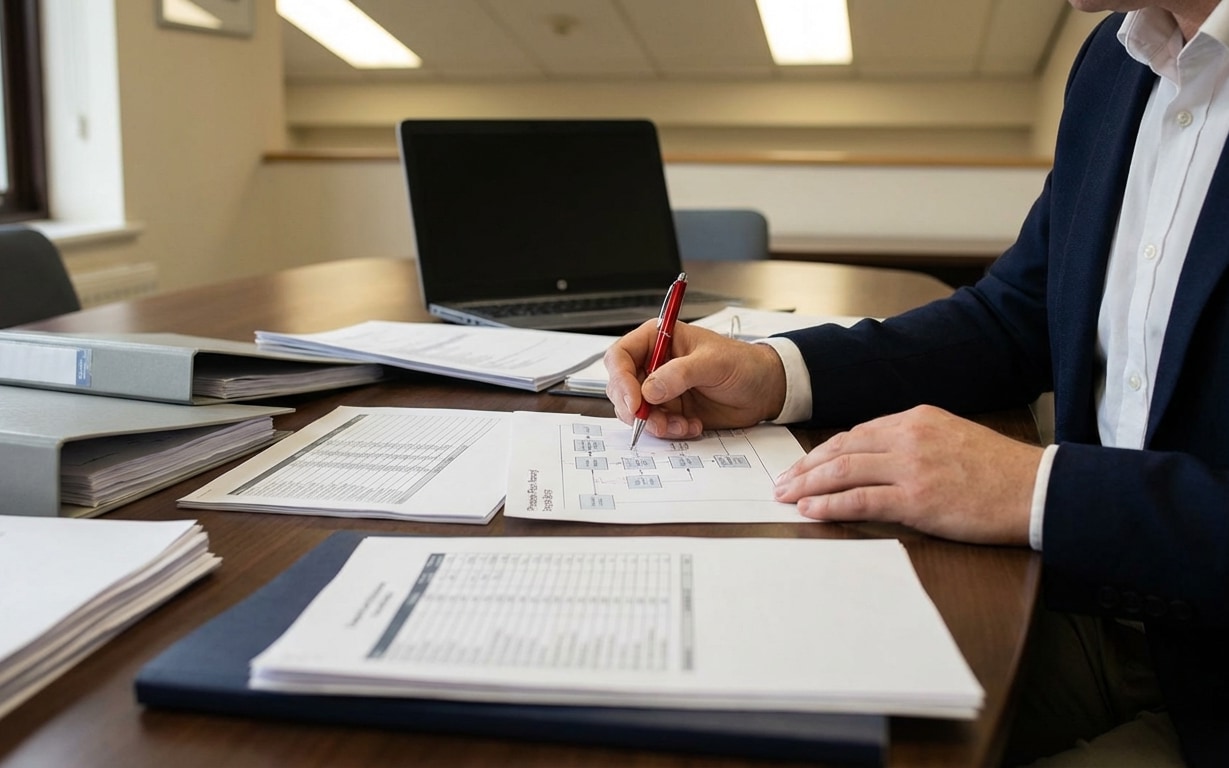 Person in business attire writing on a flowchart with a red pen at a desk with documents, binders, and a laptop.