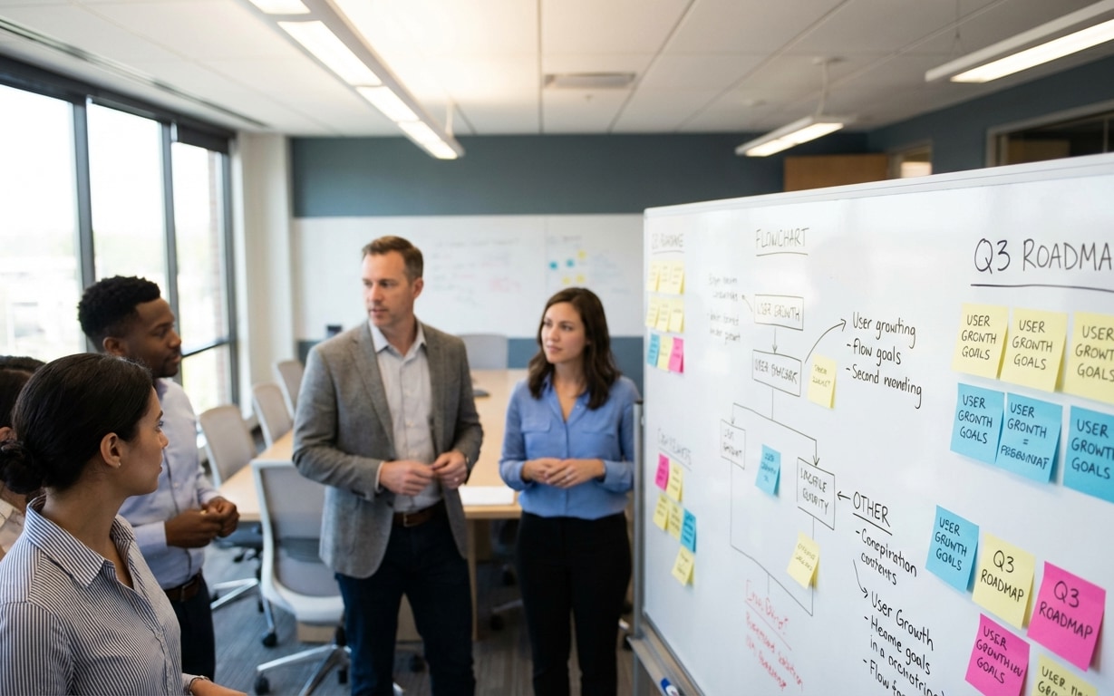 Four colleagues discussing a flowchart with colorful sticky notes on a whiteboard in a modern office.