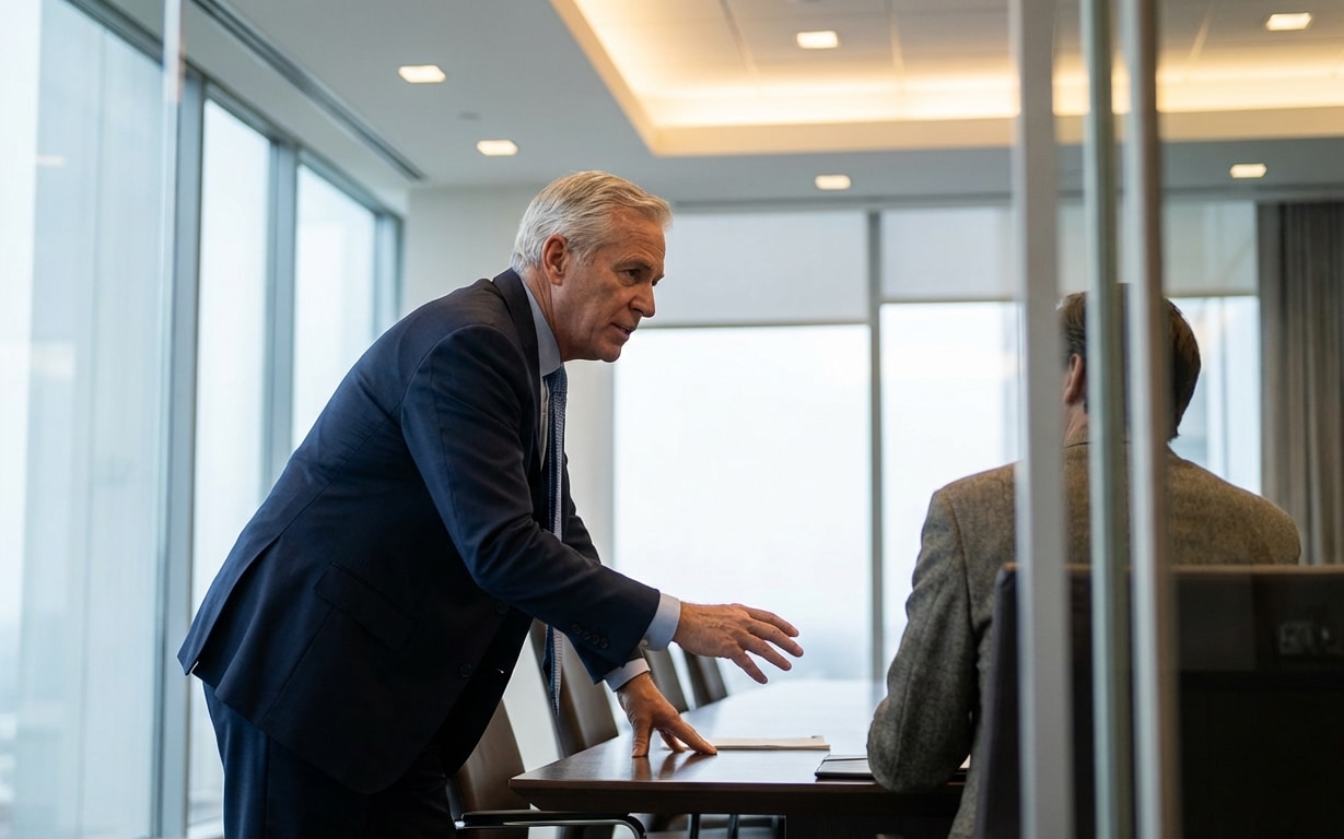 An older man in a dark suit leaning forward and speaking to a seated man in a gray jacket in a modern office meeting room.