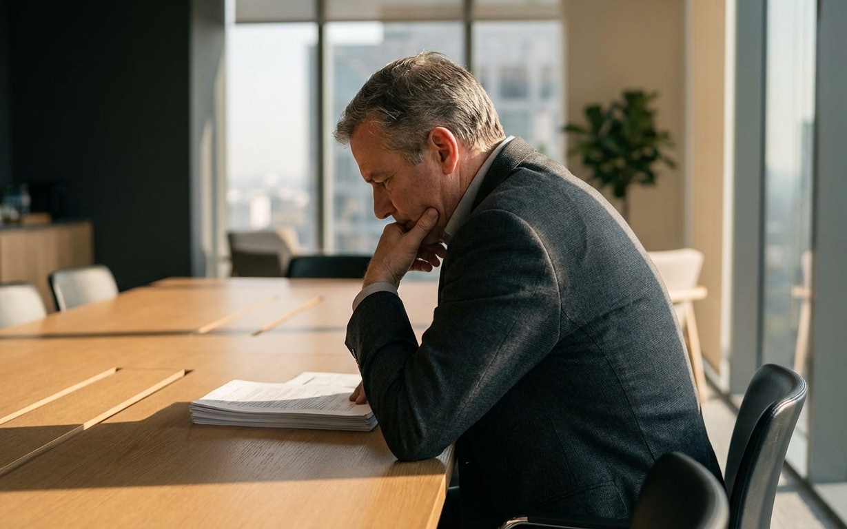 Man in a dark suit sitting at a conference table, thoughtfully reading a stack of documents.