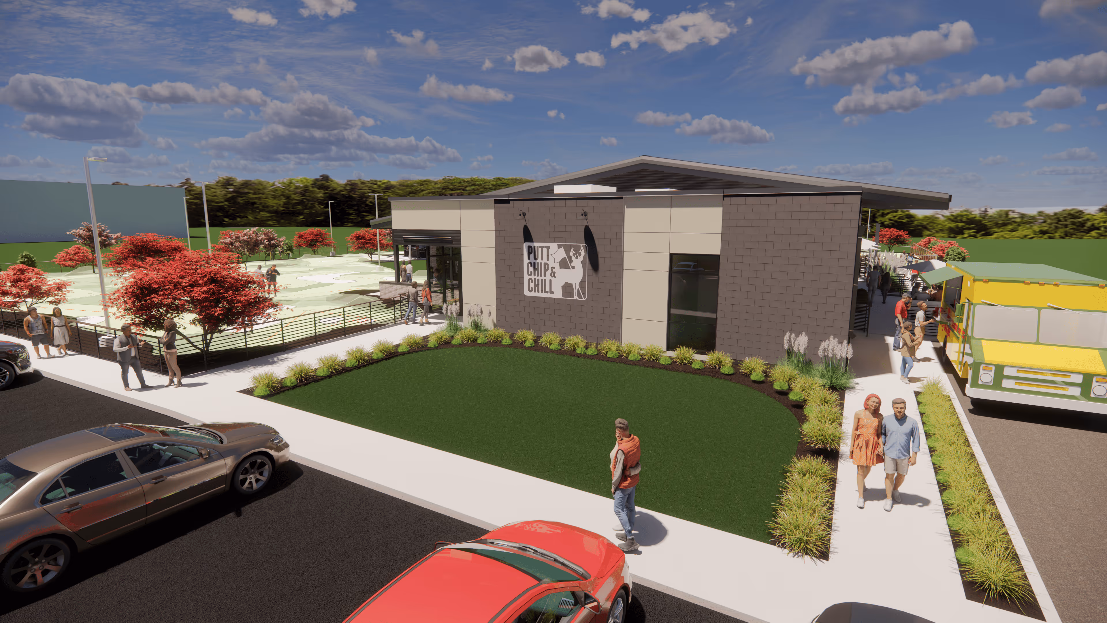 Modern building with a sign 'Putt Chip & Chill' next to a mini golf course, people walking on sidewalks, parked cars, and a yellow food truck.