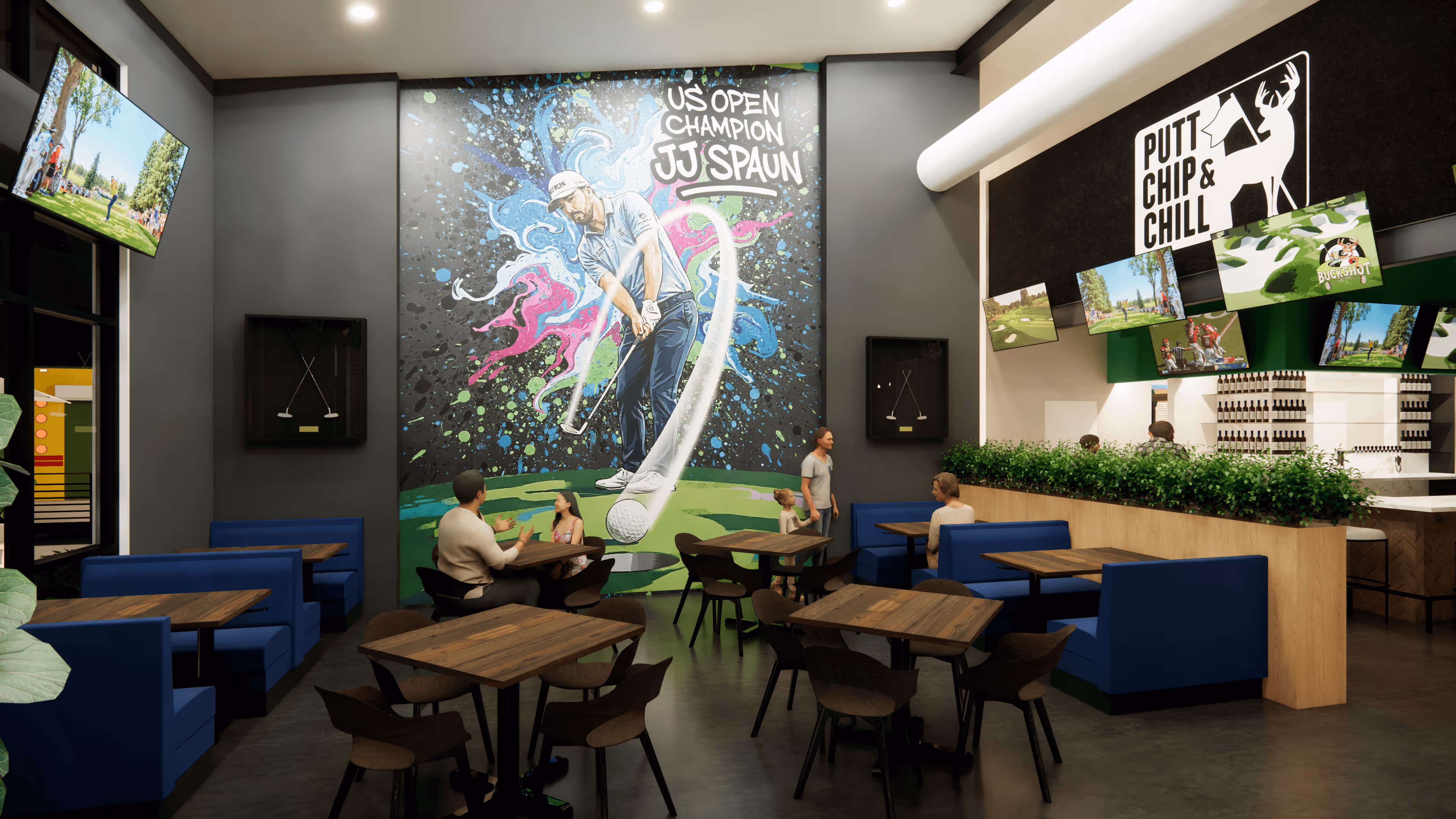 Indoor seating area with wood tables, blue booths, a bar, multiple TVs showing golf, and a large mural of golfer JJ Spaun in action.