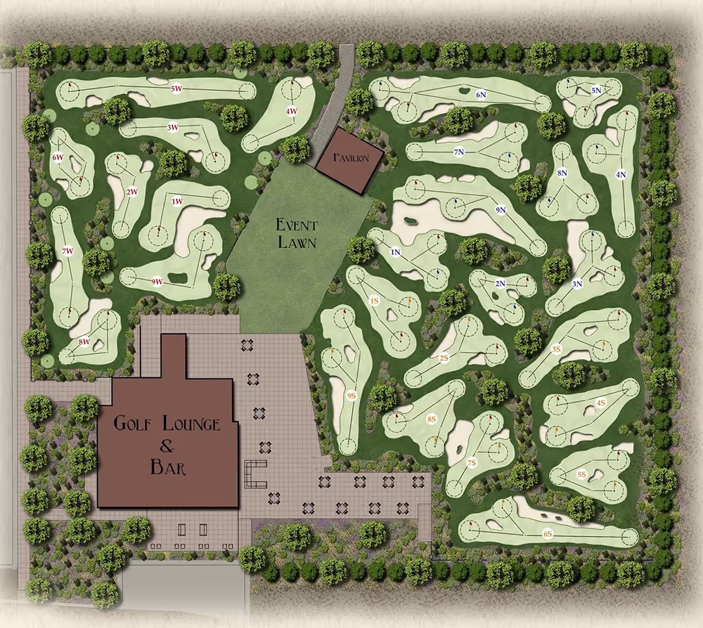Map of a golf facility with a Golf Lounge & Bar building, Event Lawn, Pavilion, and 27 small golf holes labeled by three sets: W (west), N (north), and S (south), surrounded by trees and pathways.