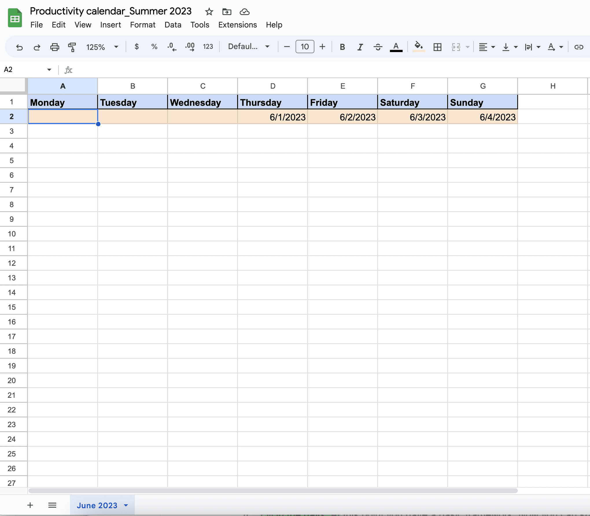 screenshot showing step 3 of how to create a calendar in google sheets