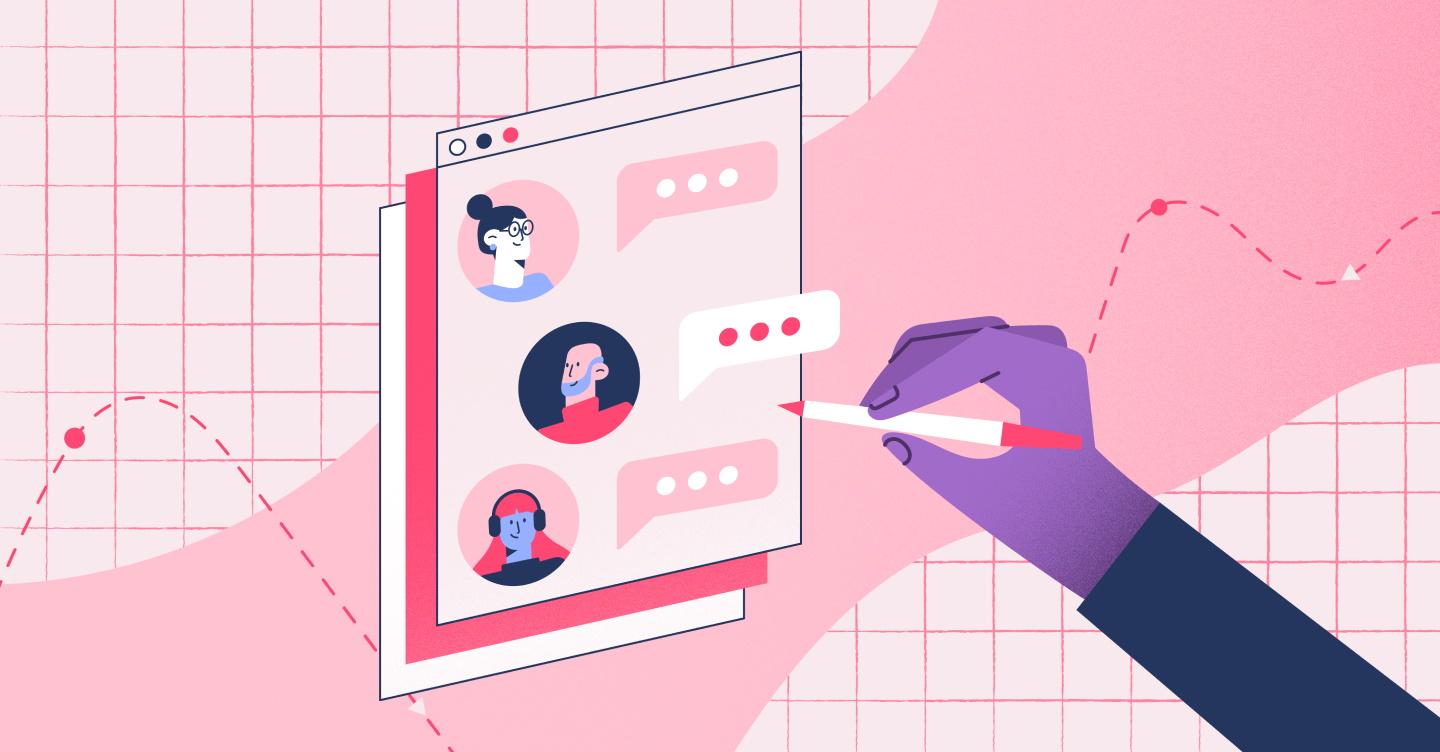 illustration showing a customer profile card and a hand writing on it