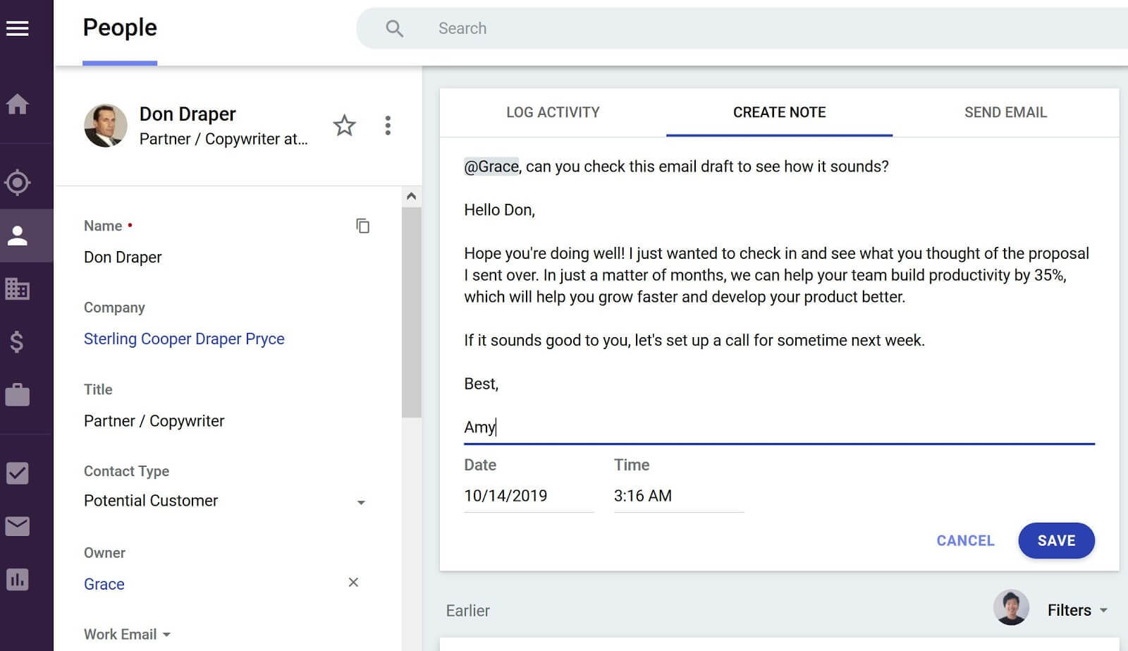 asking a teammate to check email in copper crm