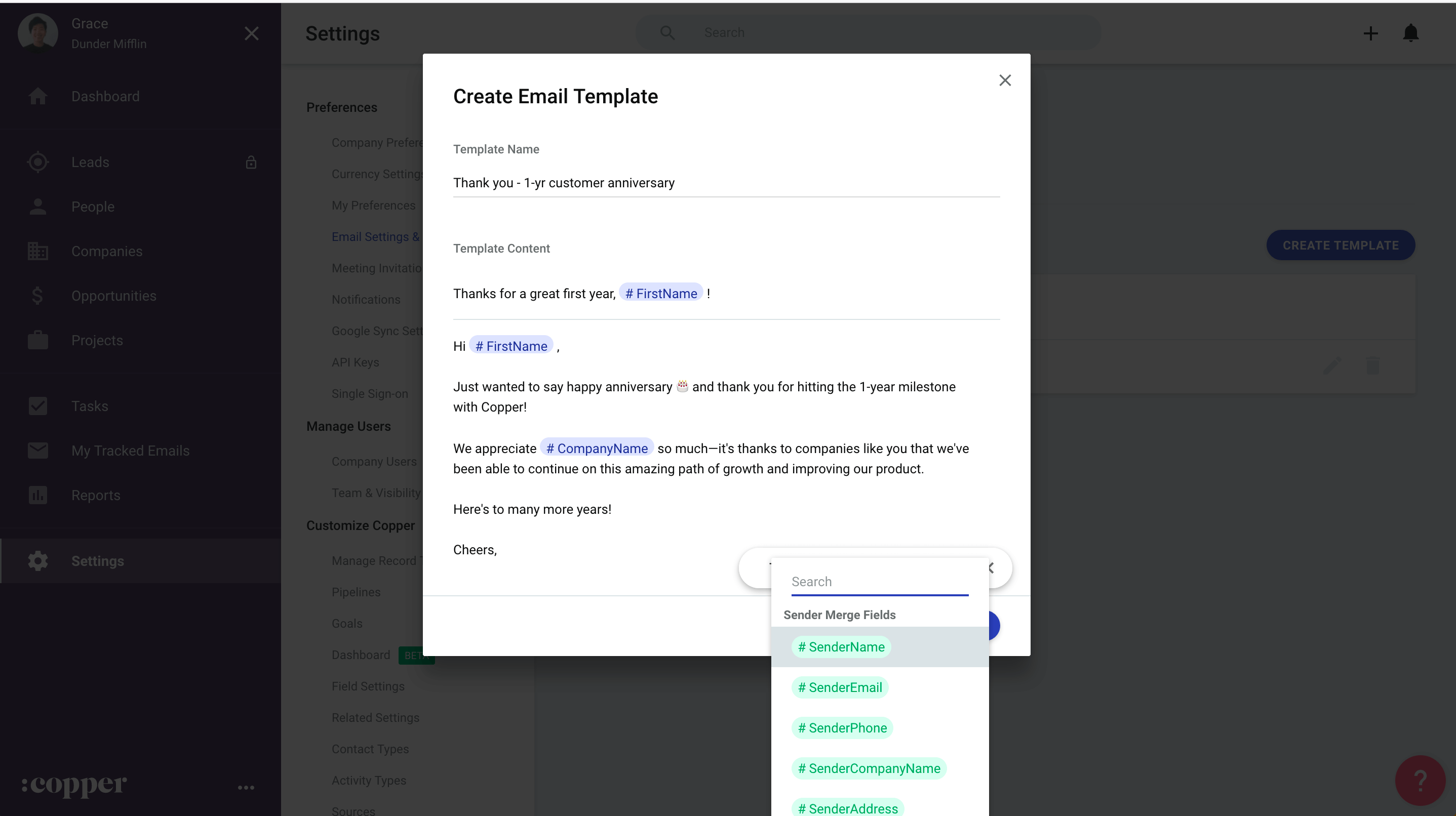 customer thank you email templates in copper crm