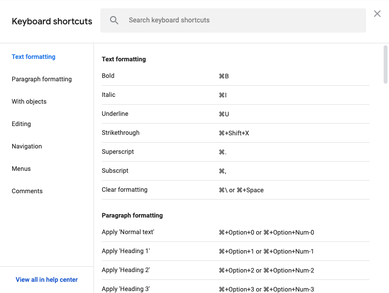 google docs keyboard shortcuts