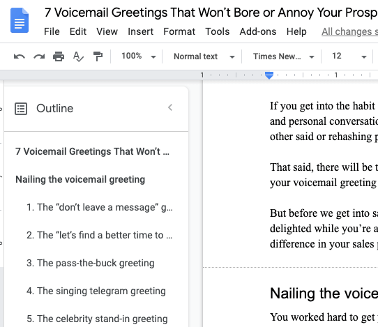 a google docs document outline