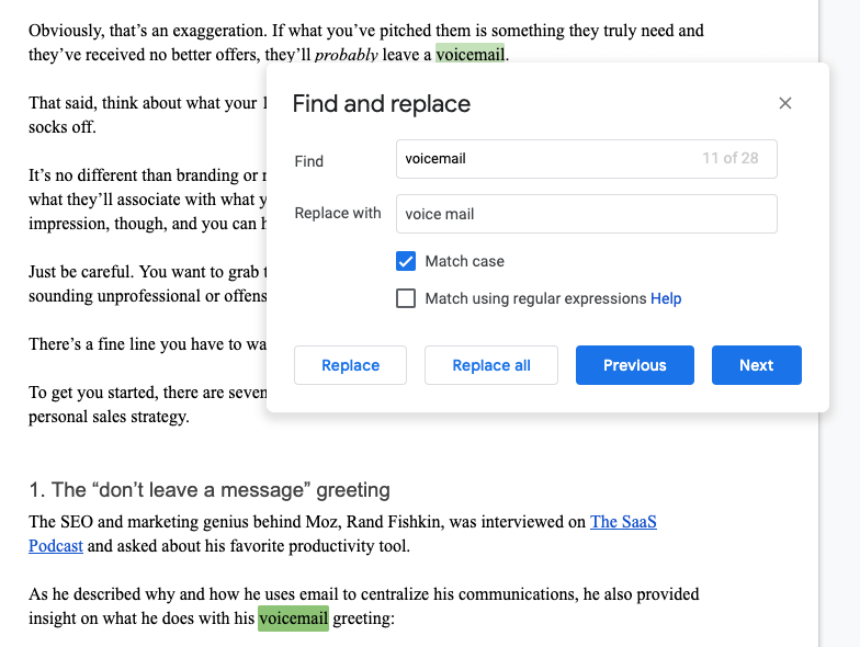 find and replace in google docs