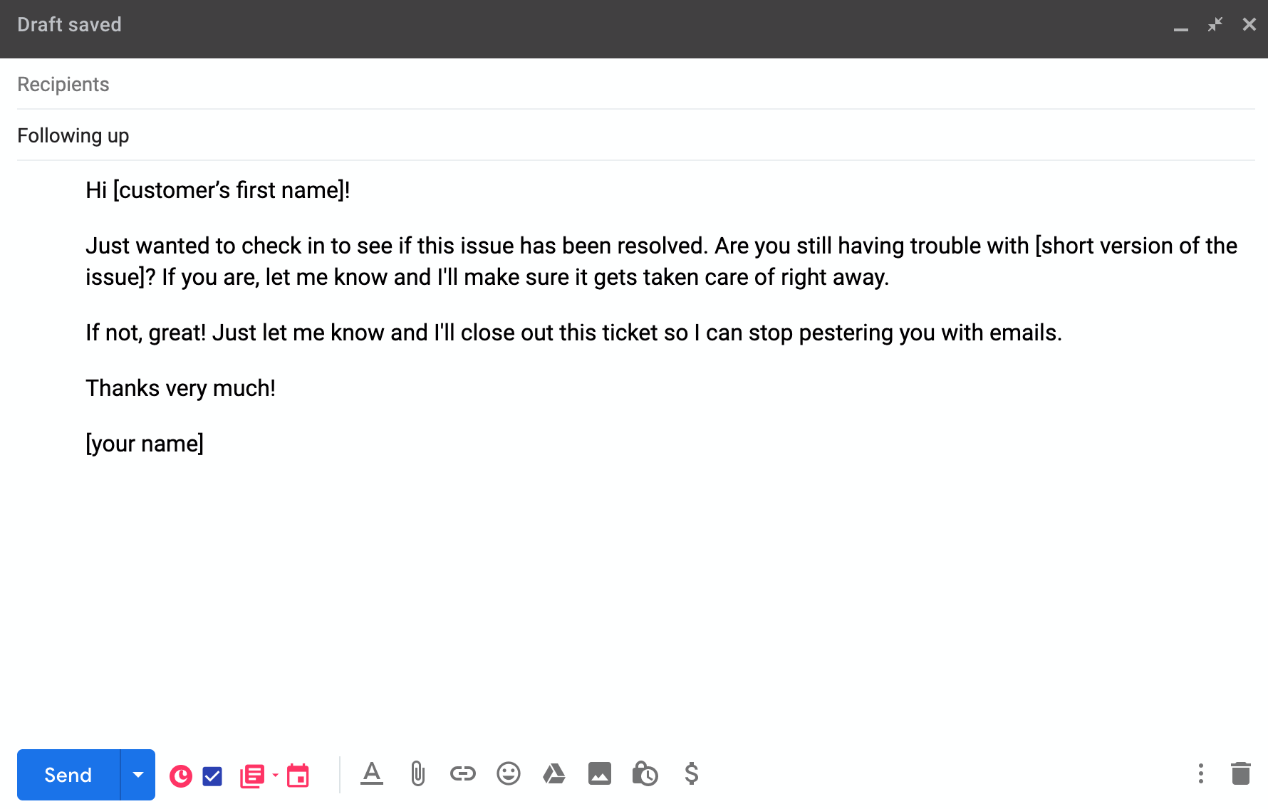 issue follow-up customer service email template