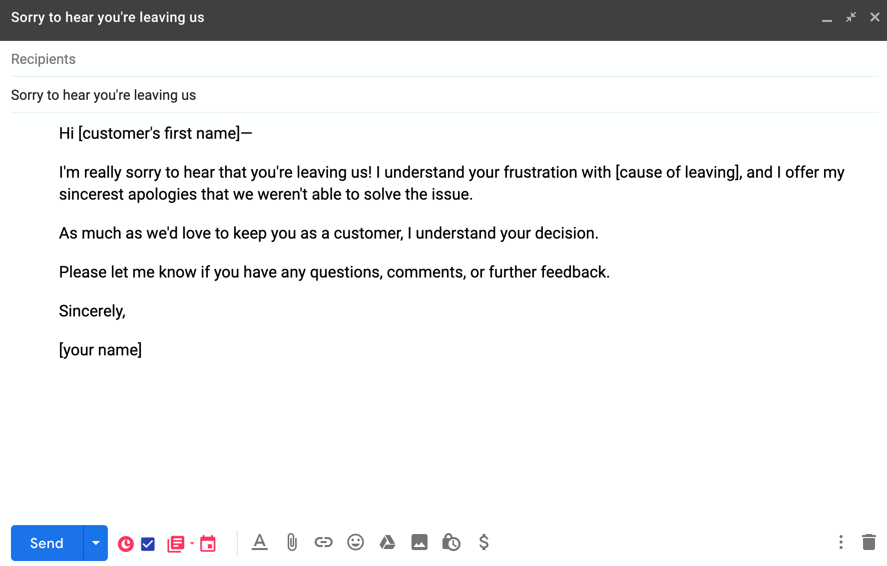 customer service email for customer who's leaving