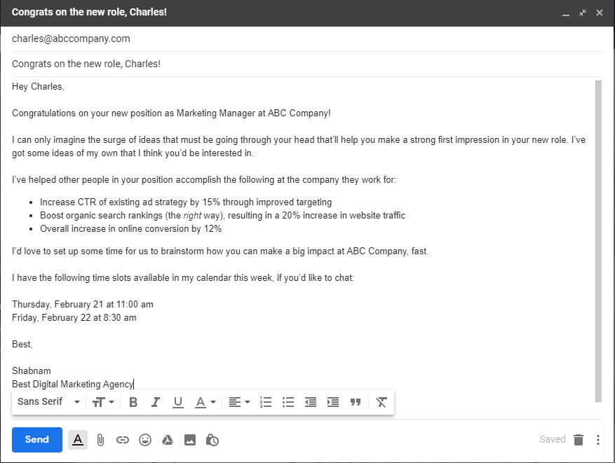 example of “congrats on the new role, let me help you crush it” sales prospecting email template.
