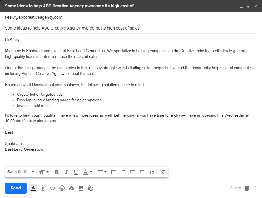 example of “here’s some free advice” sales prospecting email template.