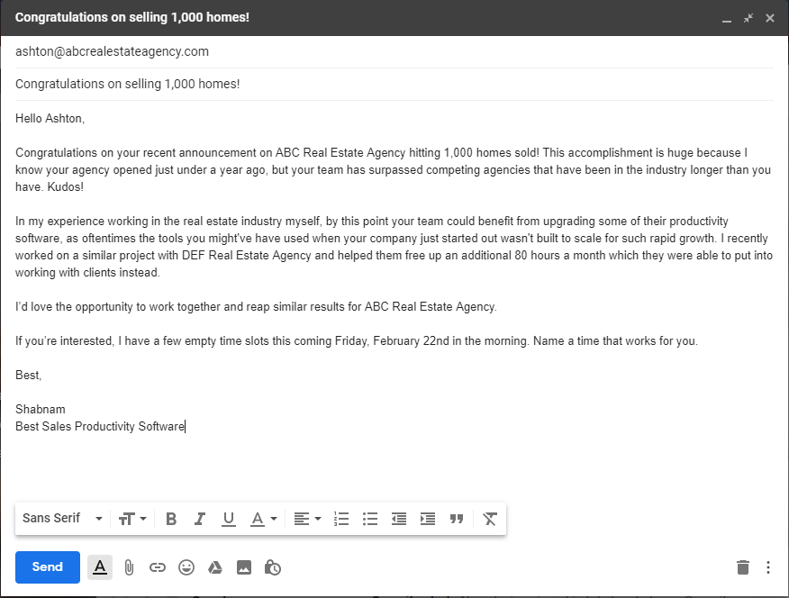 example of “congrats on the company announcement!” sales prospecting email template.