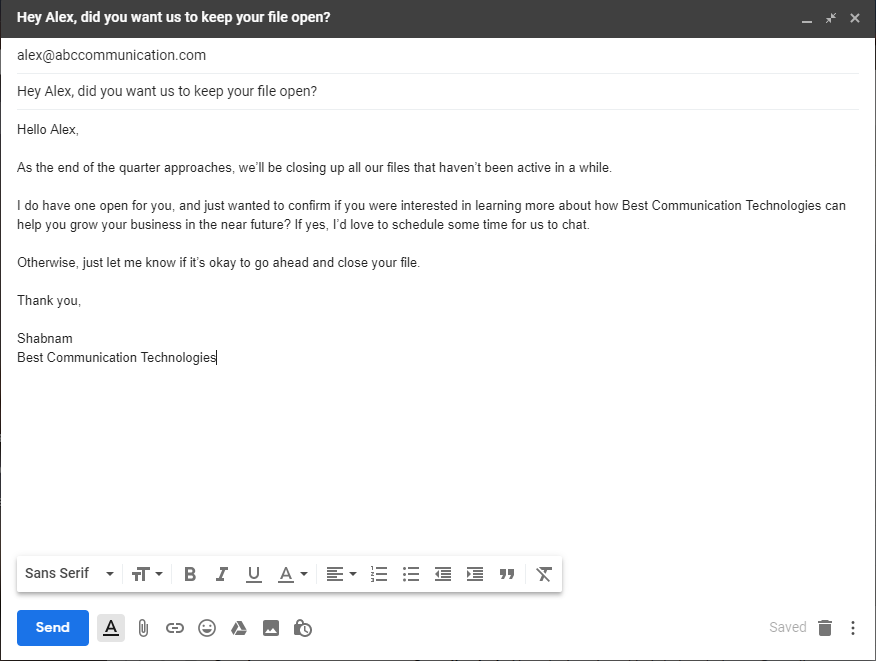 “last chance before I close your file” sales prospecting email template.