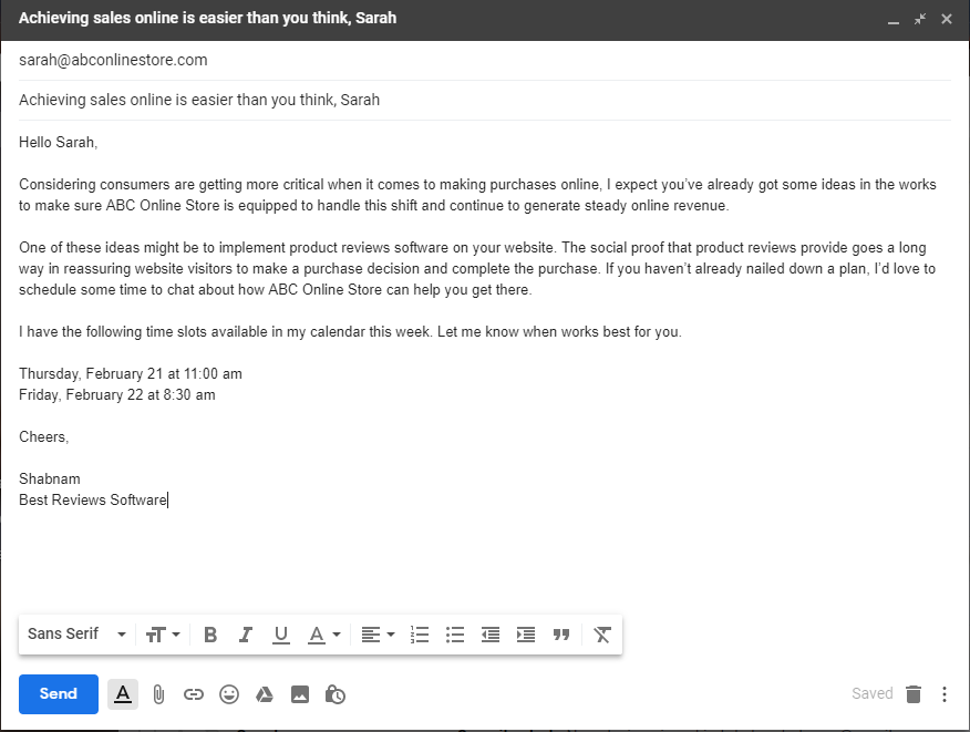 example of “let me help you reach X goal” email template.