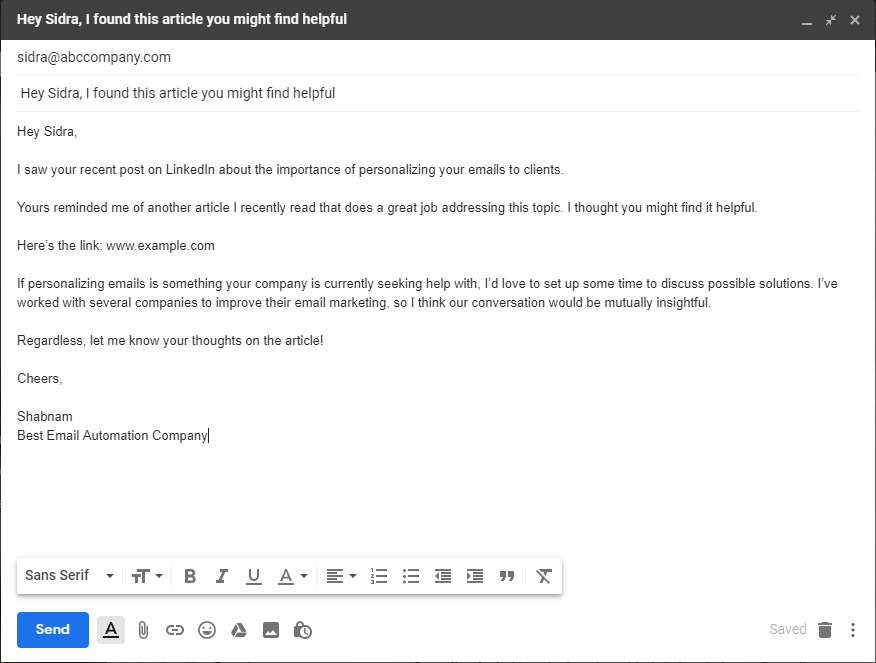 example of “hey, just thought you’d find this content helpful ”sales prospecting email template.