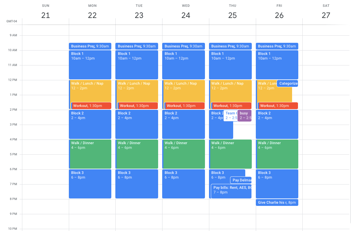 a color-coded schedule in google calendar
