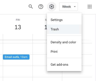 restoring events in the trash in google calendar