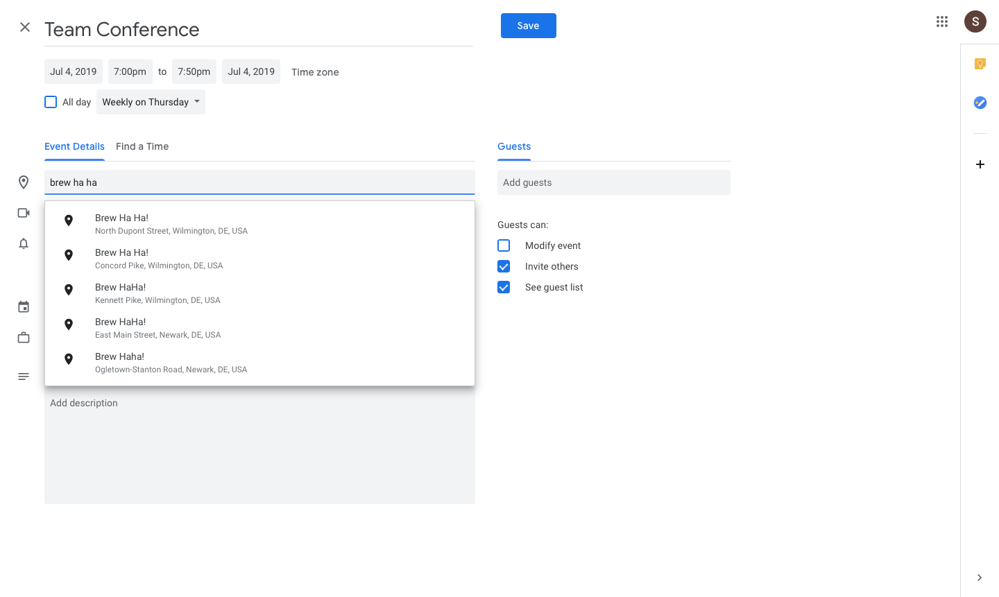 adding physical locations to gcal events