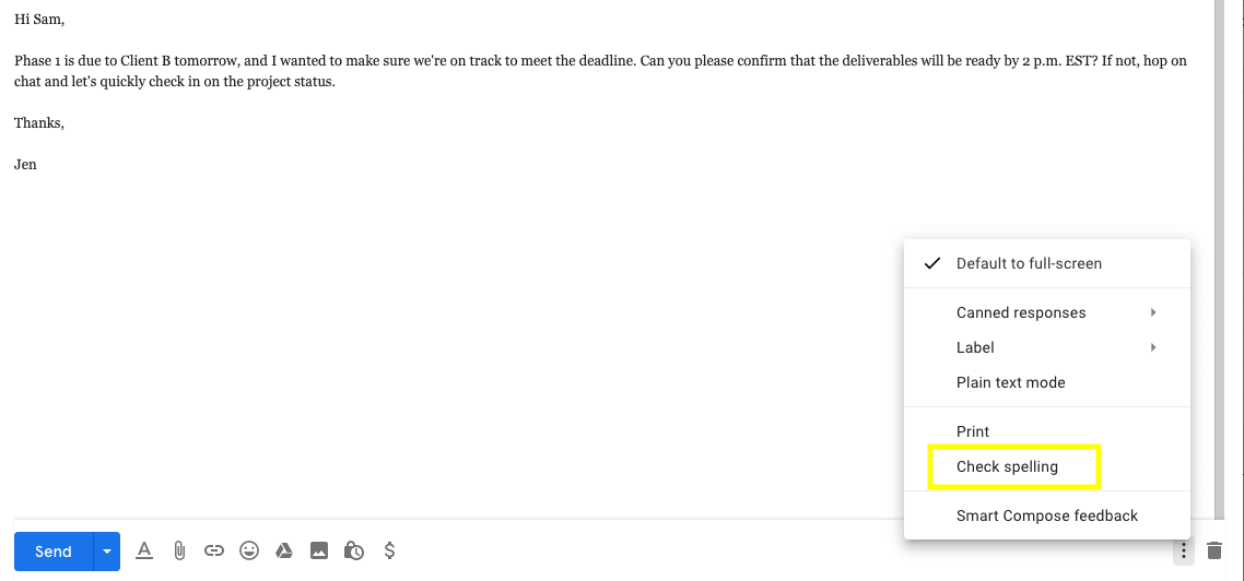 where to check spelling in gmail
