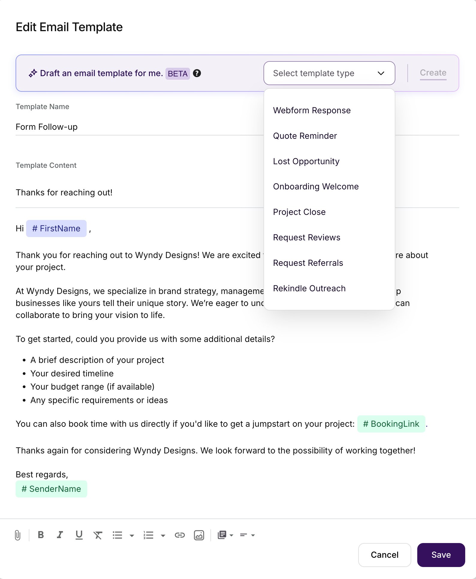 Copper AI email template generator