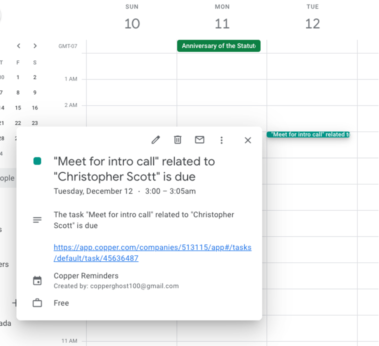 Screenshot of Google Calendar event showing Copper event details