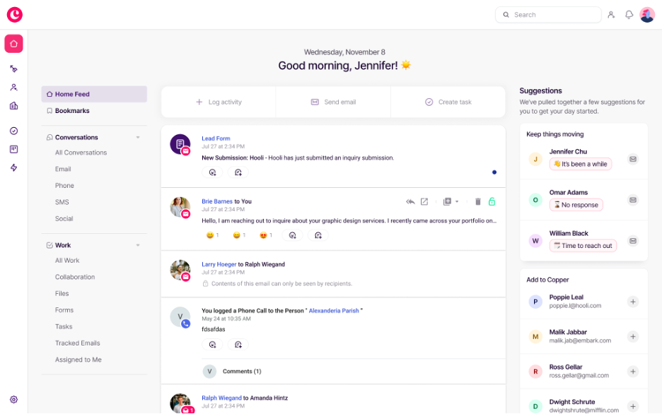 idealized screenshot of Copper CRM feed