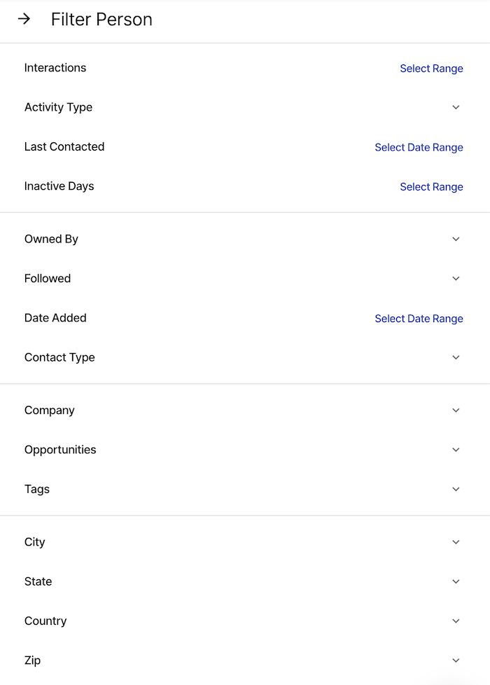 screenshot of advanced filter window in Copper CRM