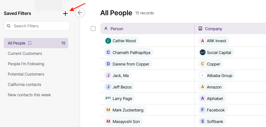 screenshot of Copper CRM custom filter window