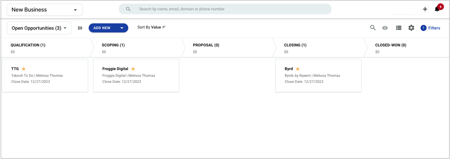 screenshot of a custom Copper pipeline for a consulting company new business