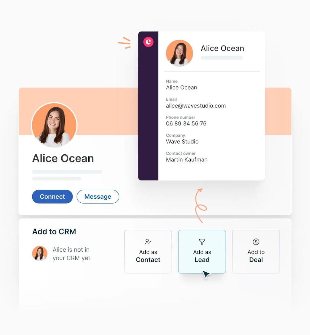stylized screenshot of the Surfe integration between Copper and LinkedIn
