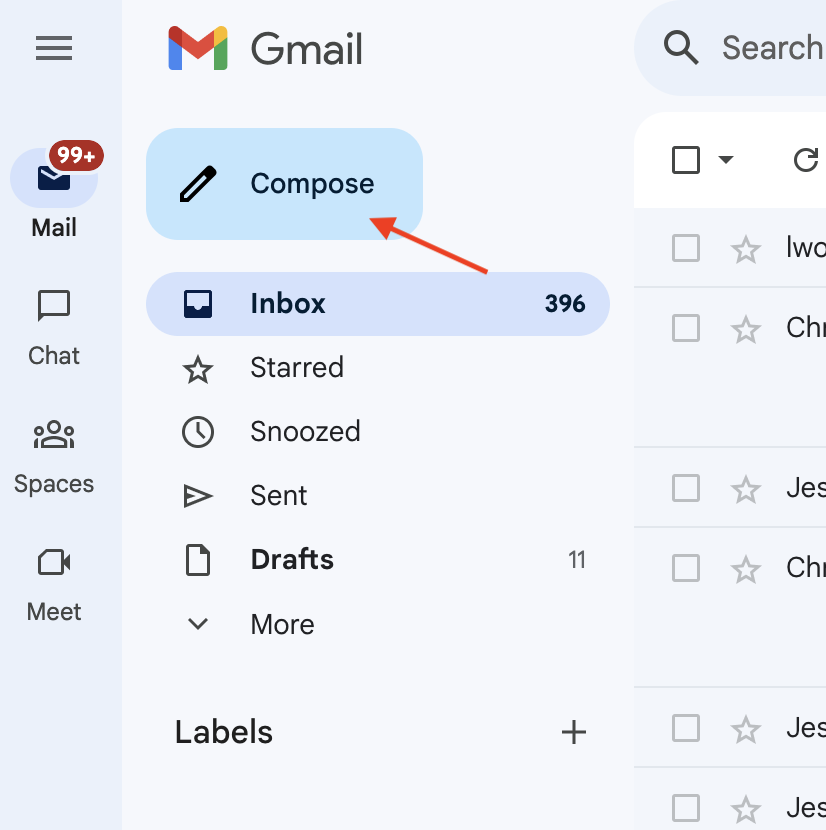 screenshot of Gmail inbox showing the Compose button