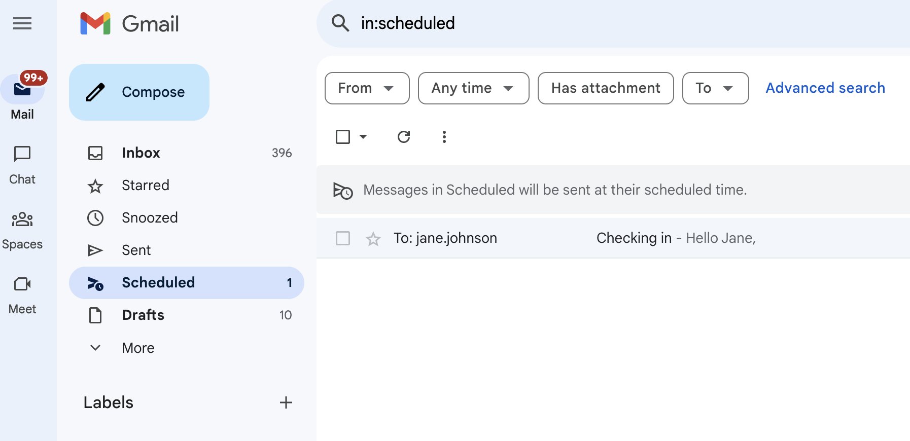 screenshot of Gmail Scheduled folder for emails scheduled to send at a later time