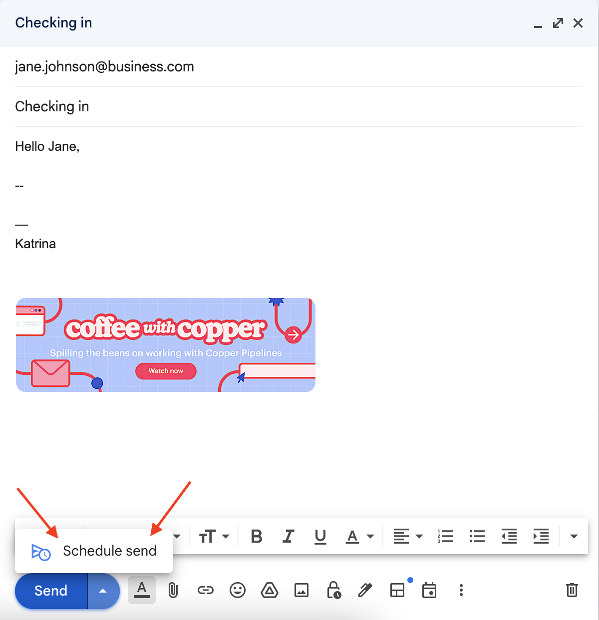 screenshot of Gmail compose window showing the schedule send option