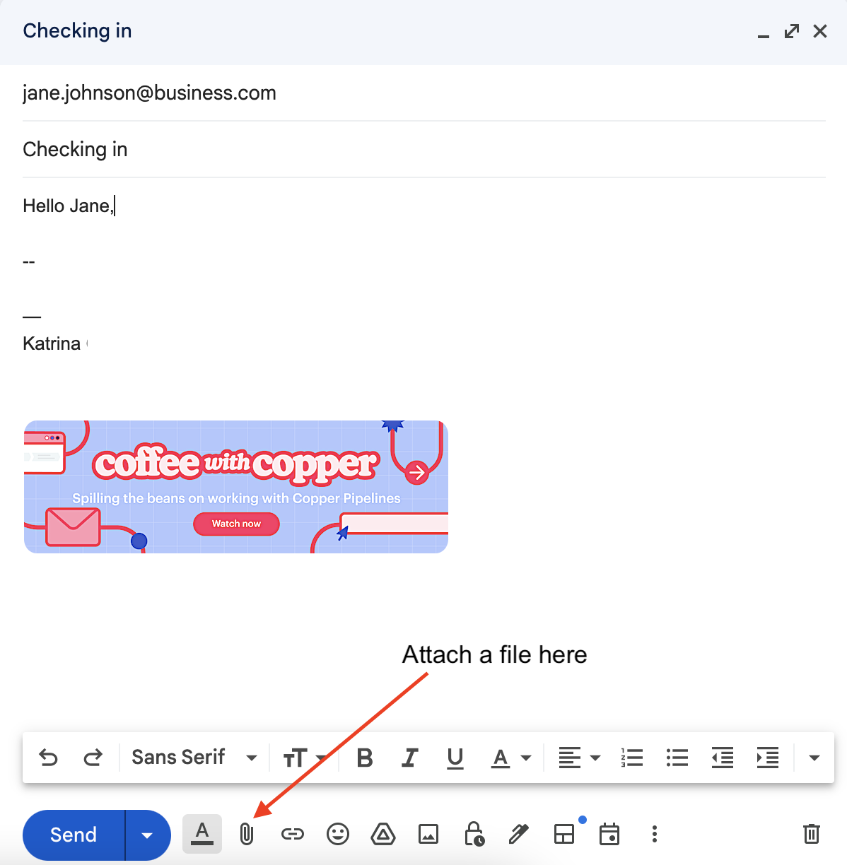 screenshot of an email compose window in Gmail showing how to attach a file