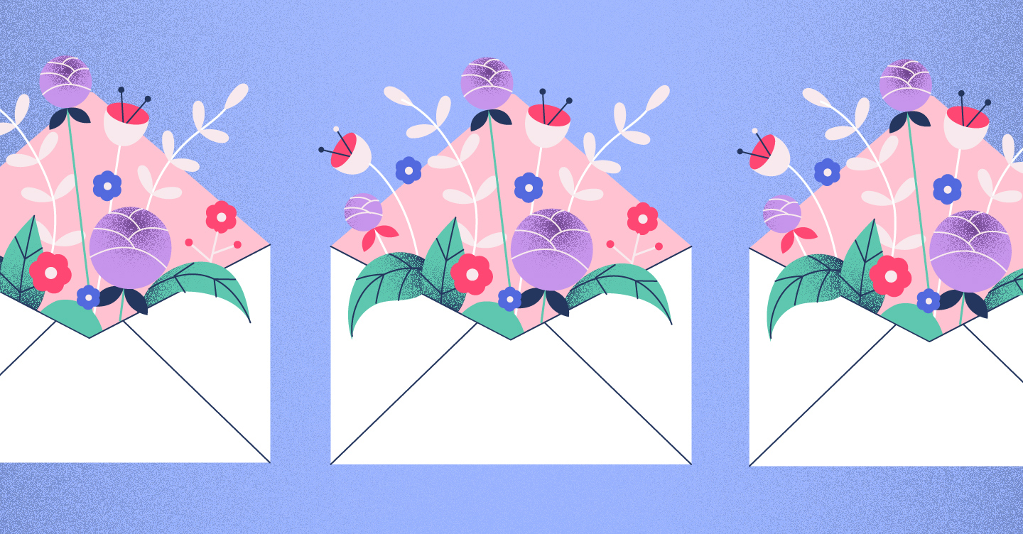 illustration of envelopes with flowers blooming out of them, symbolizing email scheduling in Gmail
