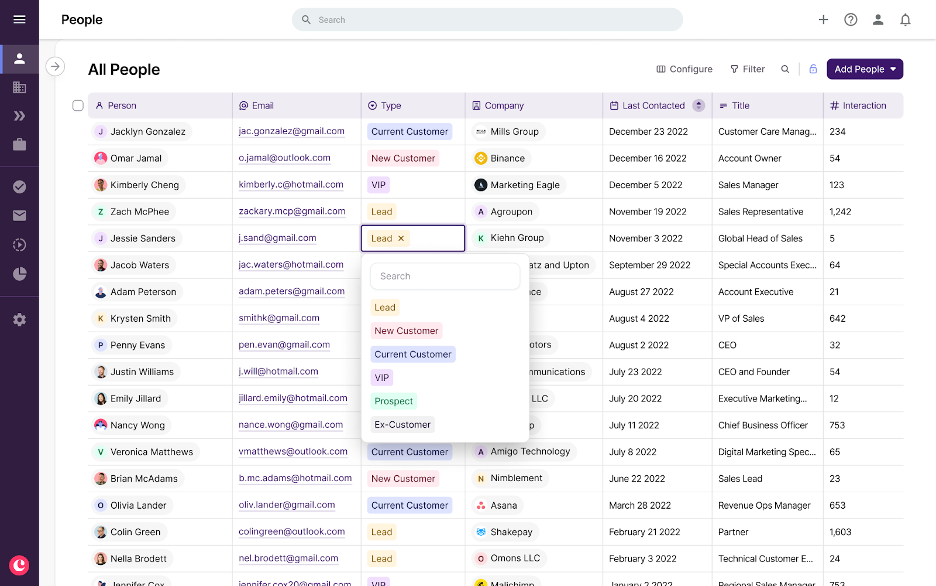 screenshot of copper crm list view in-line category editing