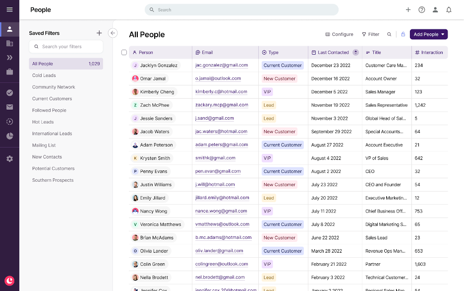 screenshot of new copper crm list views