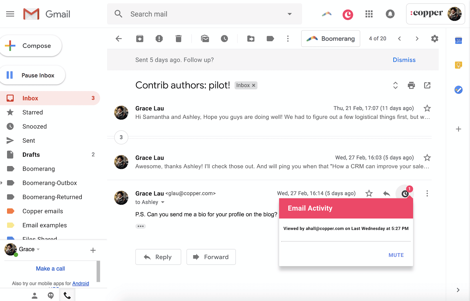 email tracking in copper crm