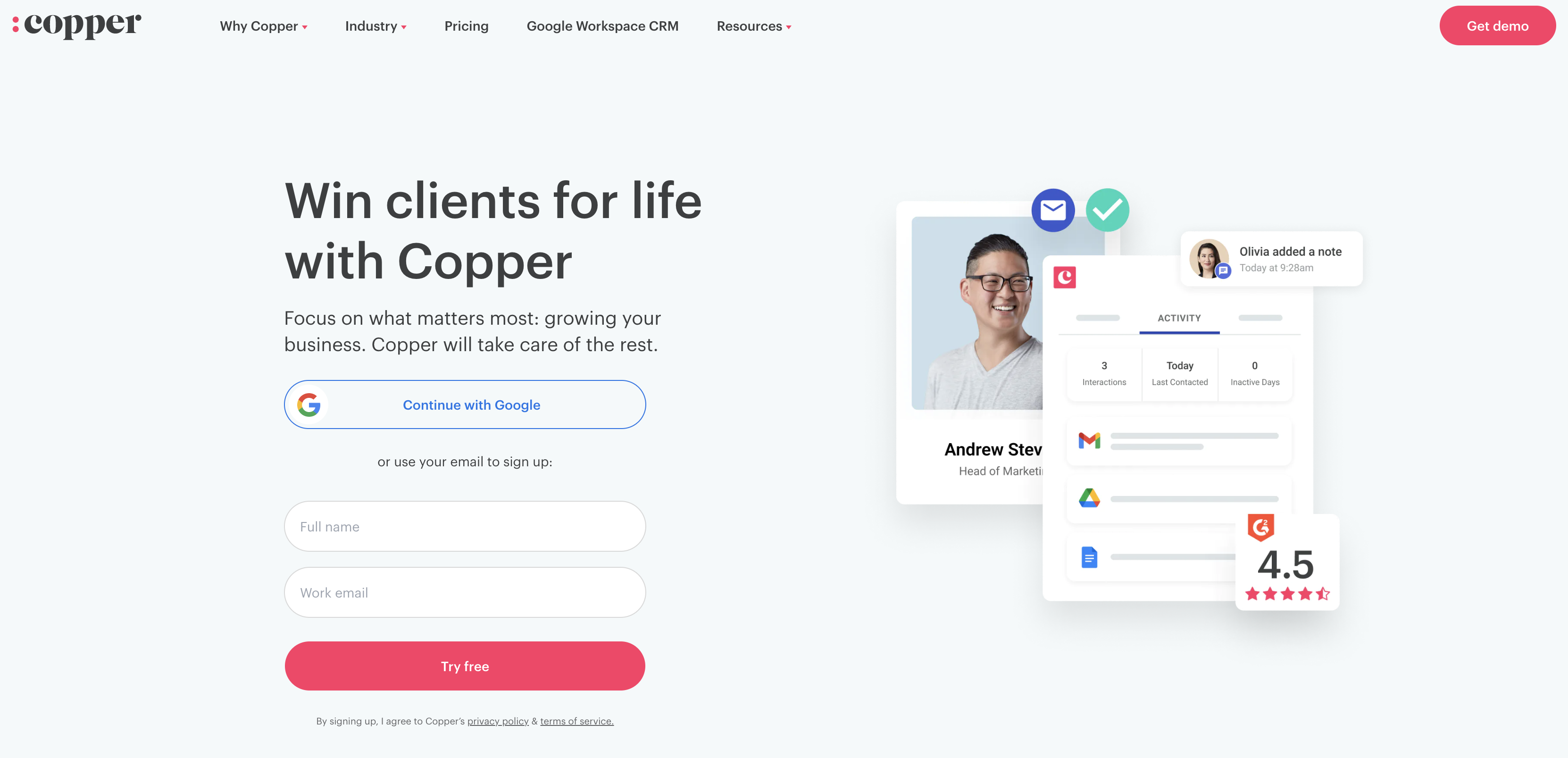 screenshot of copper crm website