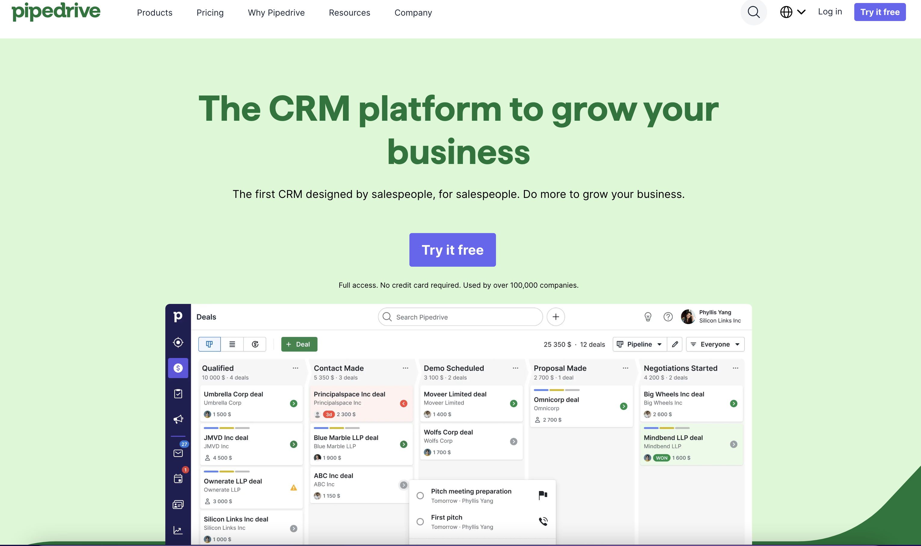 screenshot of pipedrive crm website