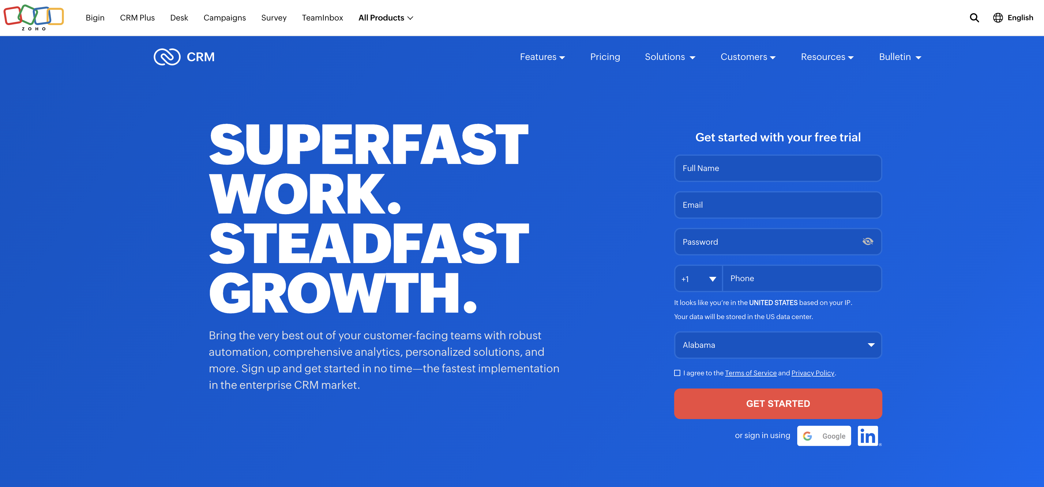 screenshot of zoho crm website