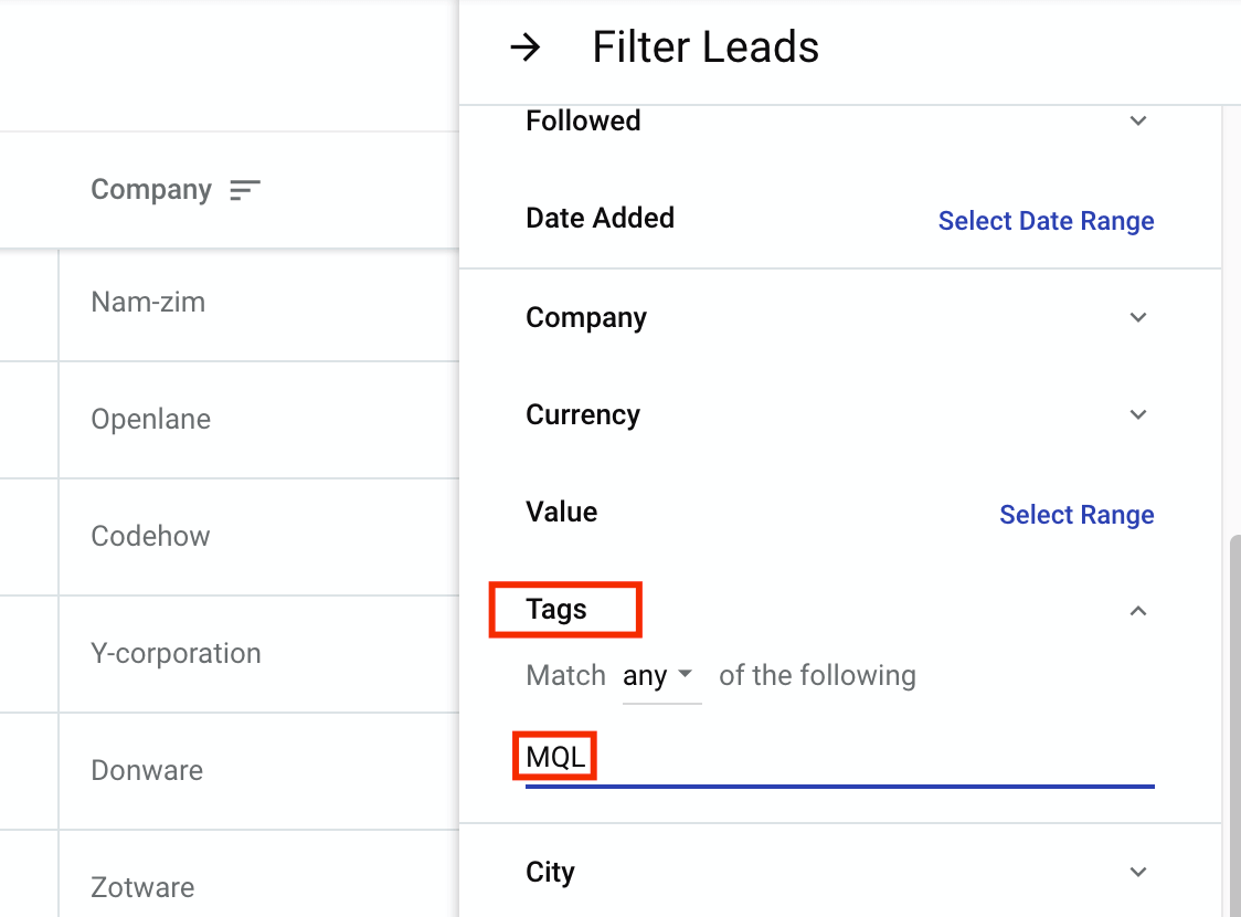 filtered tags in copper crm