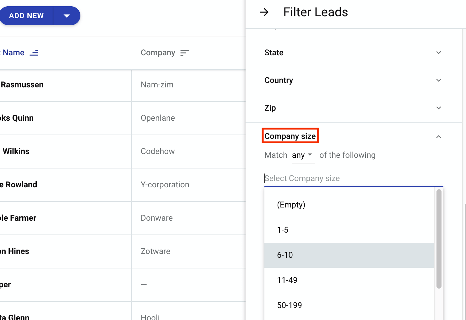 company size filter in copper crm