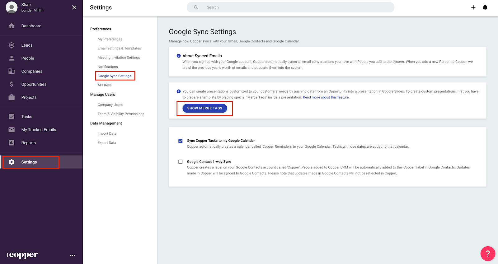 showing custom merge tags in copper crm